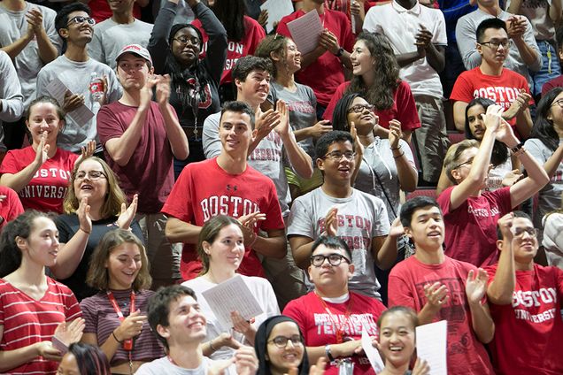 Freshmen of the Boston University Class of 2022 cheer during the matriculation ceremony.