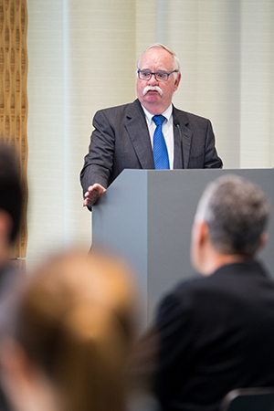 Boston University President Robert A. Brown at the podium during a press conference on September 18 announcing the University's Wind Energy Power Purchase Agreement investment in clean energy.