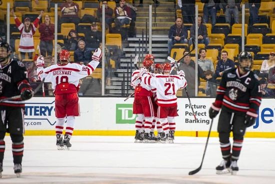 BU hockey celebrates on the ice at a beanpot game