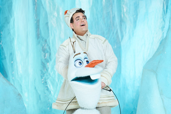 Greg Hildreth in costume as Olaf from "Frozen, the Broadway Musical"