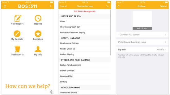 Screenshots of the BOS:311 app.
