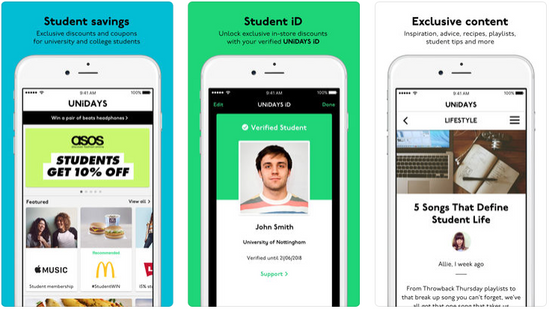 Screenshots of the UNiDAYS app in three different white iphones.
