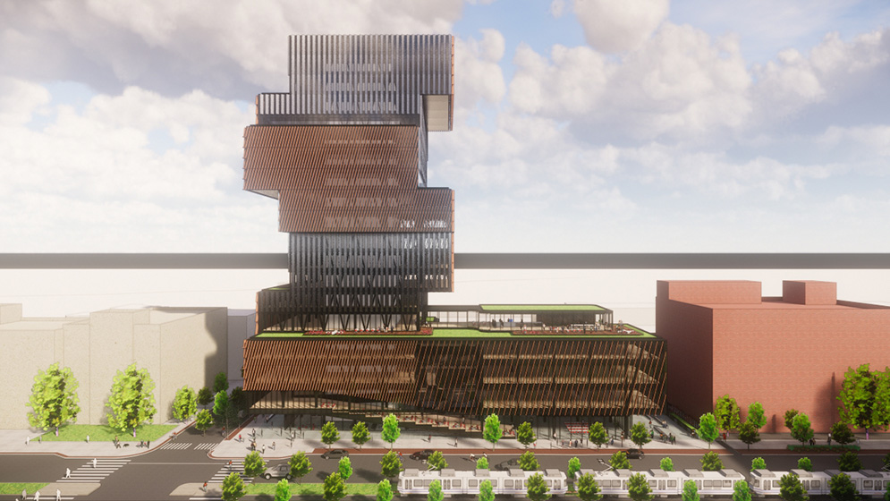 Architechtural rendering showing a profile view of the Boston University Data Sciences Center looking from the opposite side of Commonwealth Ave. Clouds and blue sky show behind the building.