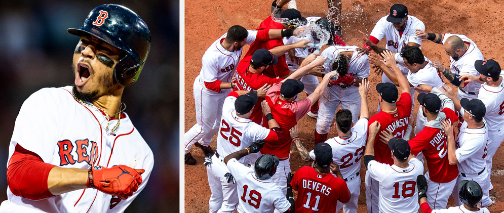 Players celebrate after hitting home runs 