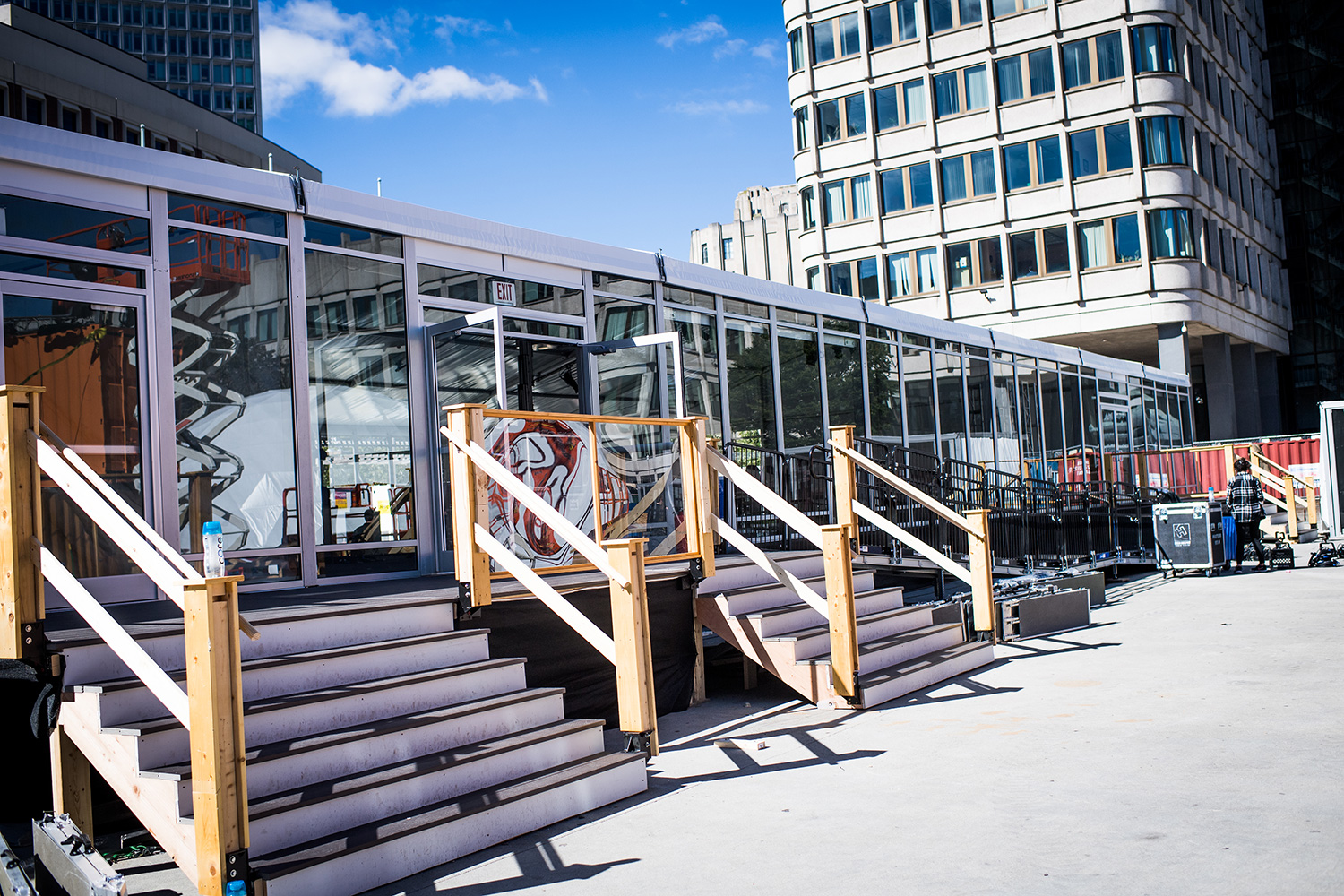 Exterior view of a glass pavillion, which will host forums, demonstrations, and performances at Boston's HUBWeek.