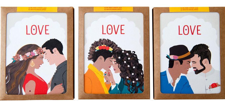 three stacks of greeting cards with images of diverse couples.