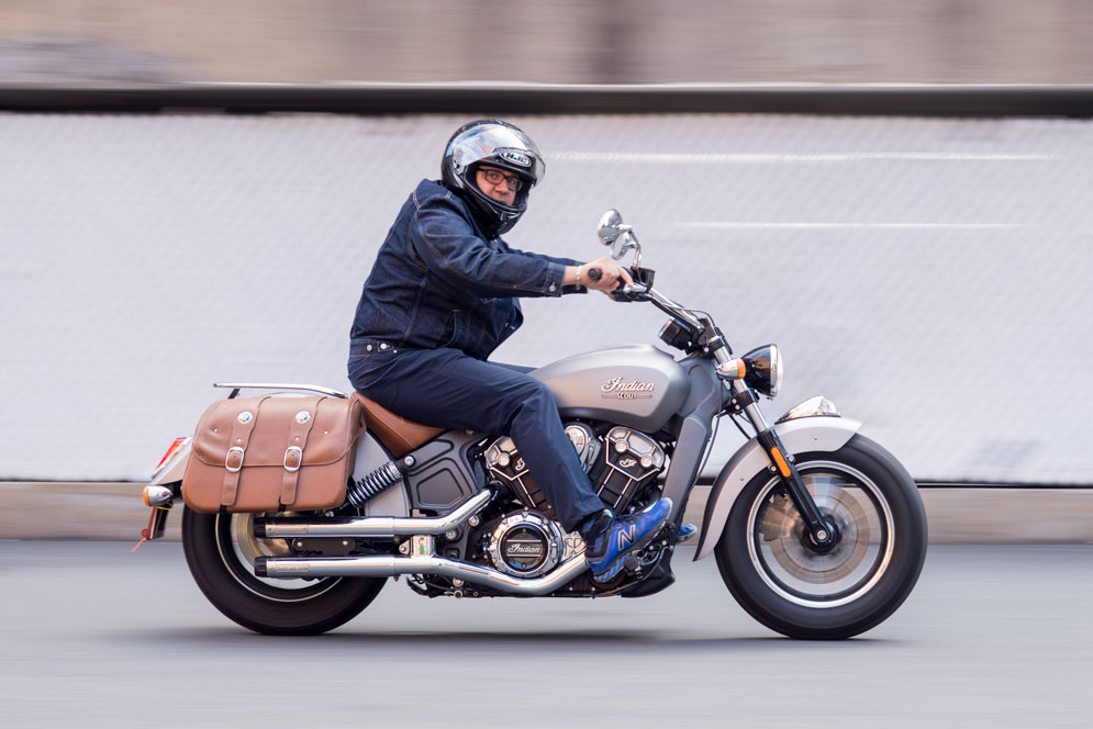 Glenn Wrigley, director, Educational Resource Center. Uses an Indian motorcycle to get to and from his home in West Newton.