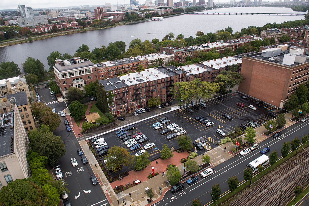 Aerial view of the Granby Street parking lot on Boston University's Charles River Campus.