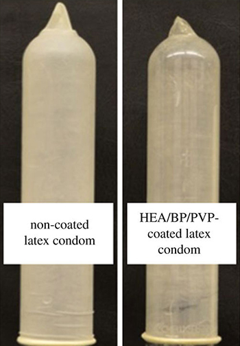 Side-by-side comparison between a non-coated latex condom and lubricated condom, both unrolled and standing