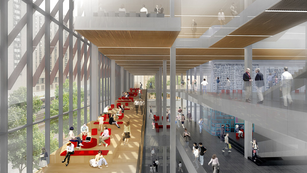 Architectural rendering showing the. collaboration terraces, built to encourage scientific interaction and collaboration, inside the new Boston University Data Sciences Center.