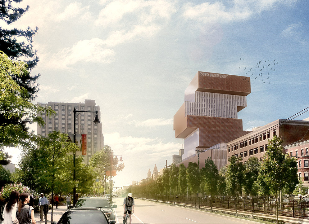 Architectural rendering showing a view of the new Boston University Data Sciences Center from Silber Way on a sunny clear day. A cyclist and pedestrians make their way along Commonwealth Ave in the foreground.