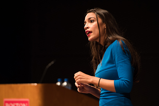 American politician Alexandria Ocasio-Cortez, 2018 Democratic candidate for the House of Representatives from New York's 14th Congressional District, speaks to a crowd at Boston University on October 2, 2018.