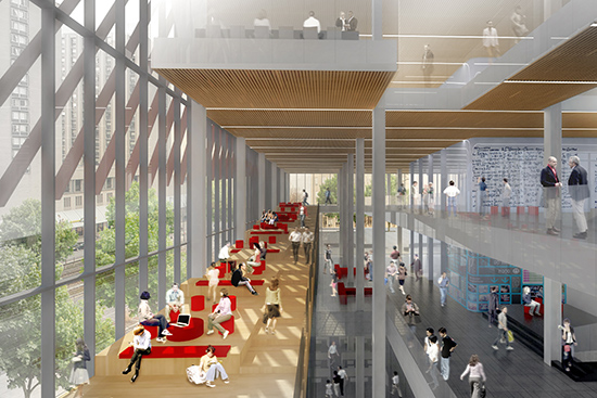 Architectural rendering showing the. collaboration terraces, built to encourage scientific interaction and collaboration, inside the new Boston University Data Sciences Center.