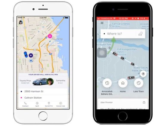Screenshots of the Uber and Lyft mobile apps in a white and black iPhone.