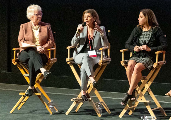 BU Provost Jean Morrison (from left), former CBS Entertainment chair Nina Tassler (CFA’79, Hon.’16), and Laura Marcus (CGS’86, CAS’88), president of Tazmanian Elf Productions.