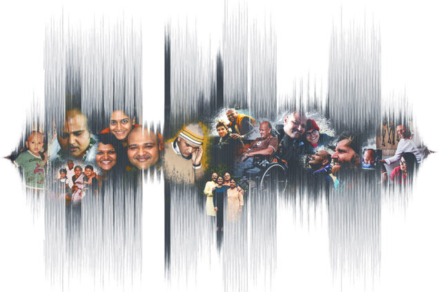 Composite image of a soundwave presented as a timeline with images of pioneering neuroscientist Rahul Desikan from the time he was a baby to current day.