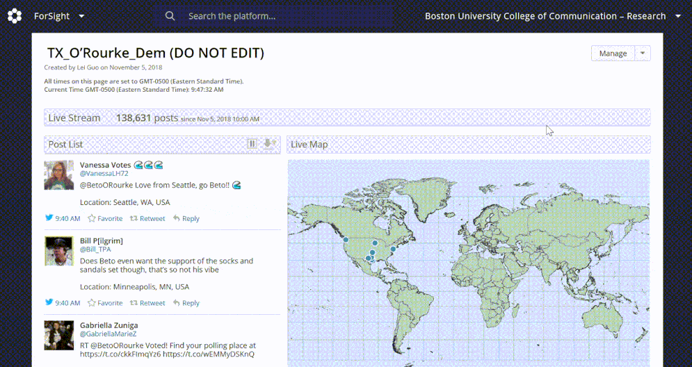 Animated GIF showing Crimson Hexagon software analyizing a stream of tweets and visualizing where tweets geographically on a map and by volume in a bar chart