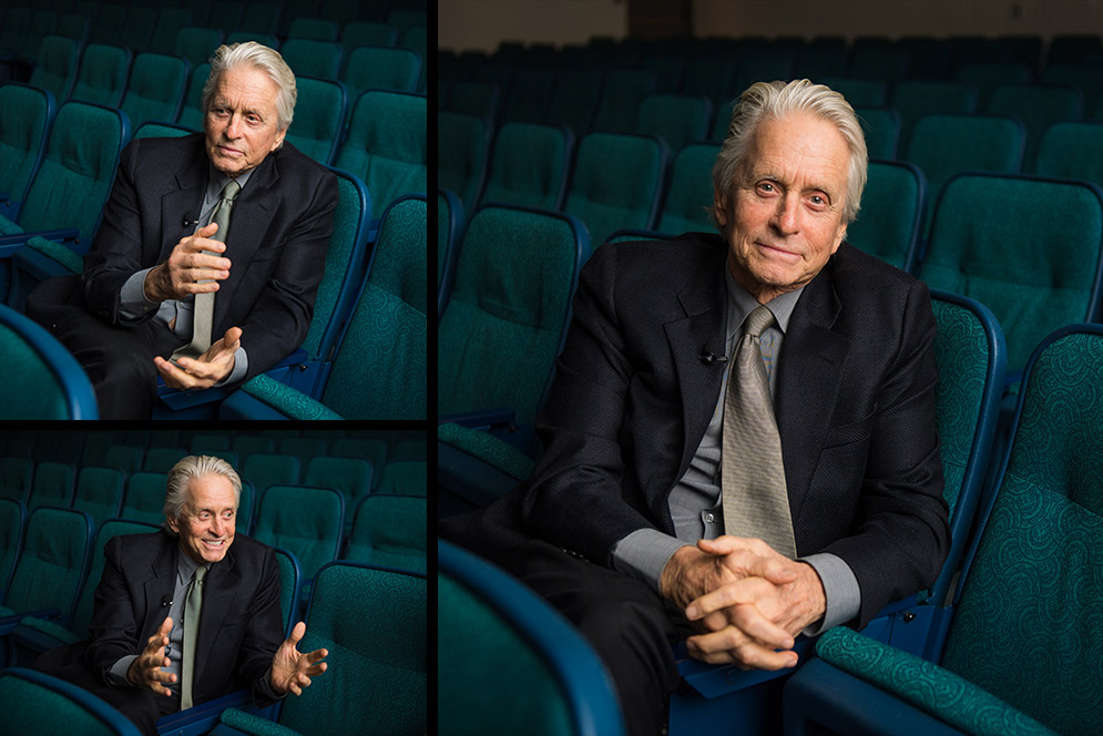 Composit of three portraits of Oscar winning actor Michael Douglas sitting in the Boston University George Sherman Union auditorium speaking, laughing, and smiling for the camera.