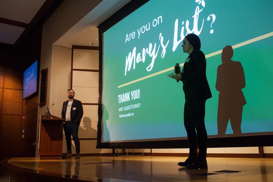 Two students pitch their company, Mary's List.