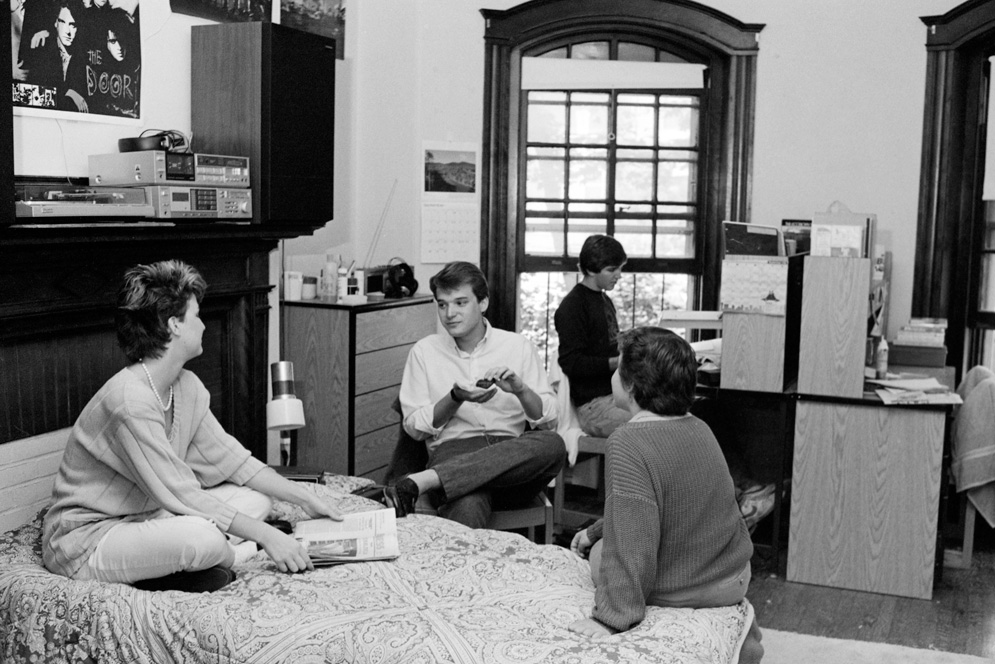 students hang out in a dorm room on bay state road