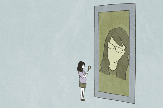 Lost and Found: Ao Shen, China. Still from the animation of a girl looking at herself in a looking glass