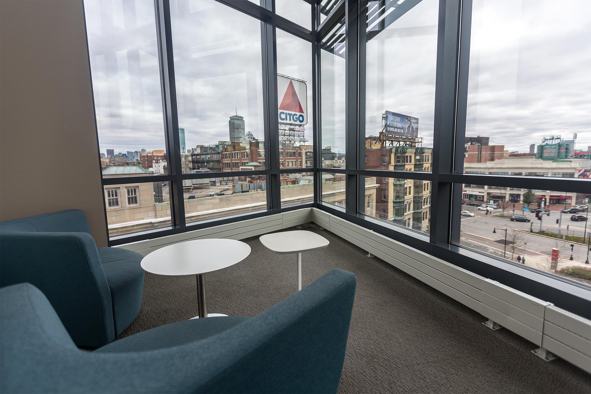 Interior view looking out the windows of the Educational Resource Center at Boston University.