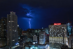 birds eye view of a marriott hotel in a lightning storm