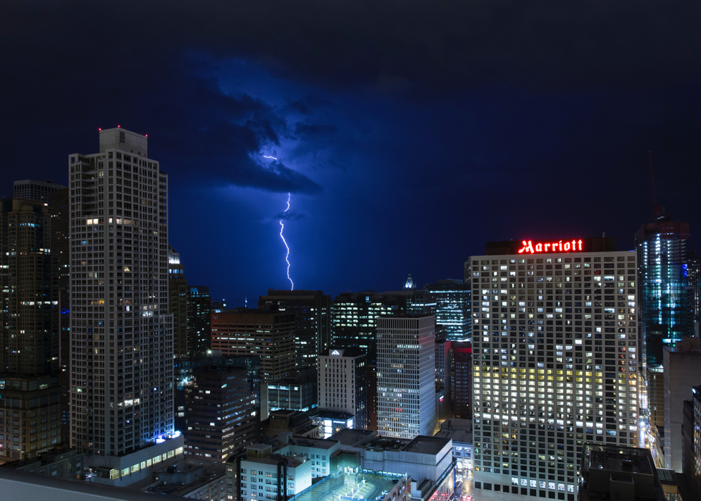 birds eye view of a marriott hotel in a lightning storm