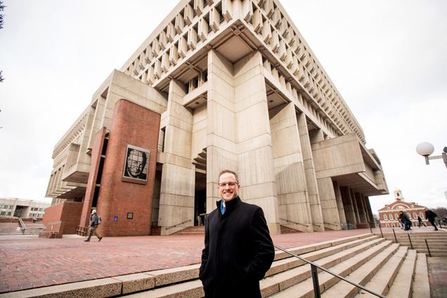 Brian Sirman (CAS’02, GRS’08,’14), a lecturer in the CAS Writing Program, says he became fascinated by Boston City Hall because it is a building that “was so widely and vehemently hated.” Photo by Cydney Scott