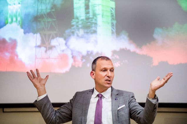 Thomas Zurbuchen, addressing a crowd gathered at BU’s Barristers Hall, talked about NASA’s current and future space missions. Photo by Jackie Ricciardi