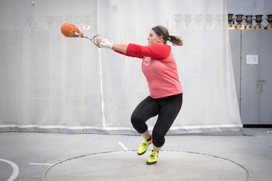 Sarah Cicchetti throws a 20 lb ball in the weight throw