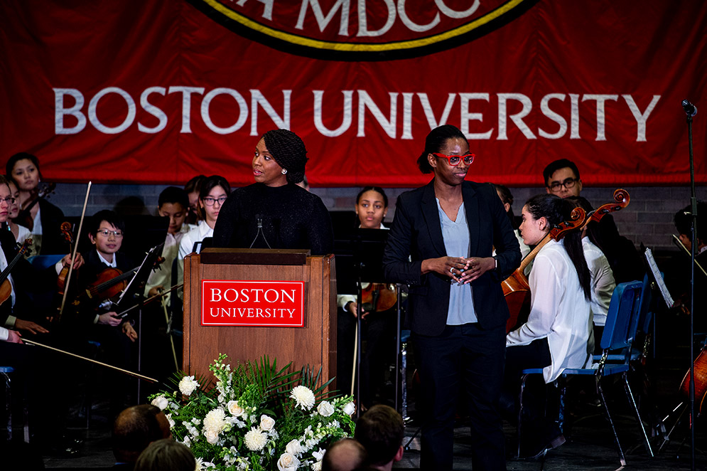 United States Representative in Congress from Massachusetts speaks in front of a children's orchestra during the Boston University and City of Boston Martin Luther King Day observance at Marsh Chapel.