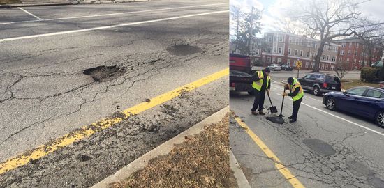 Workers patch a pothole in Providence, R.I., where BU students will study the level of public satisfaction by local residents with city services. Photo courtesy of Providence Department of Public Works