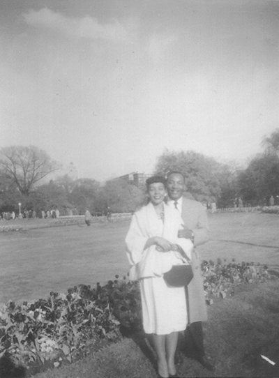 Martin Luther King, Jr. and Coretta Scott King pose for a photo in Boston Public Garden, circa 1950s
