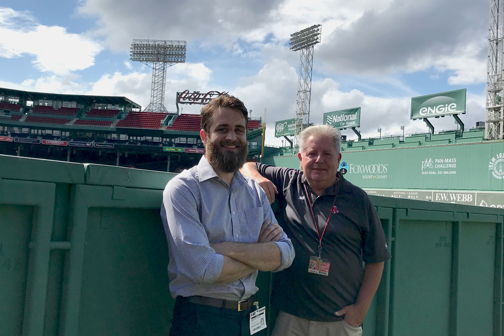 Chris Stokum (GRS’21) (left) and Red Sox team historian Gordon Edes at Fenway Park