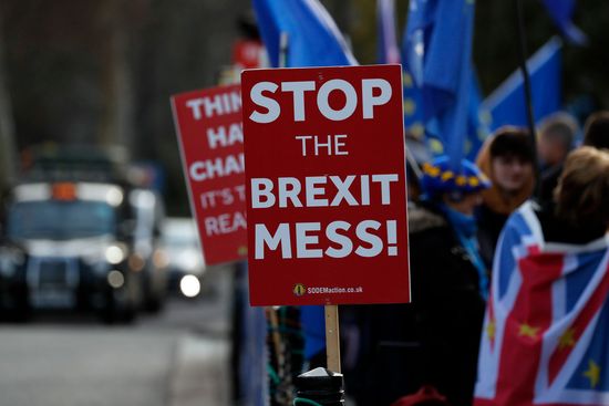 someone holds a sign reading "Stop the Brexit Mess!"