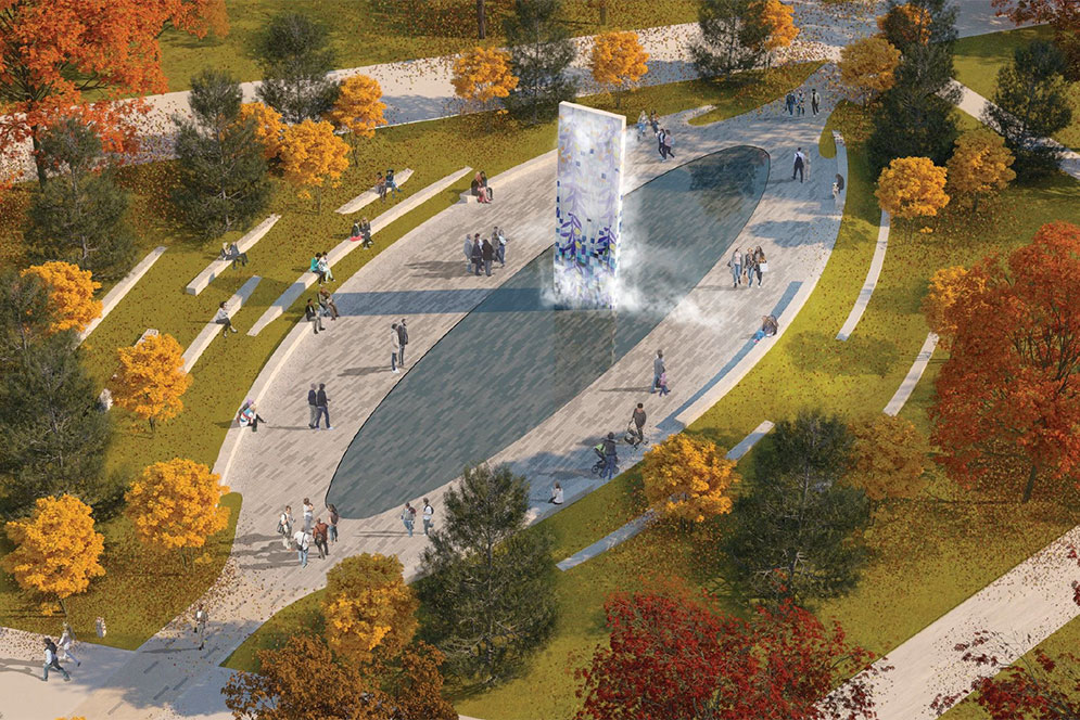 Artistic rendering of an aerial view of the Avenue of Peace MLK monument in Boston by Yinka Shonibare