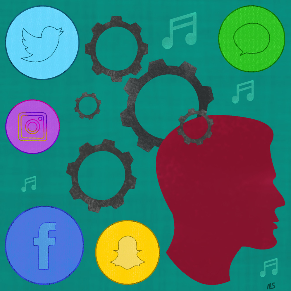 A graphic of a head and social media icons