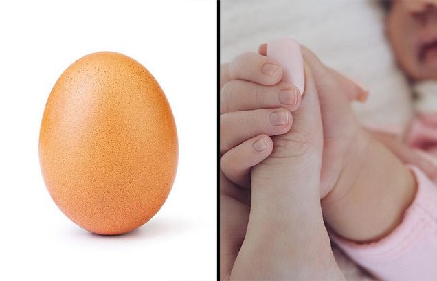 A photo of the egg post that beat Kyle Jenner's instagram post of her baby side by side
