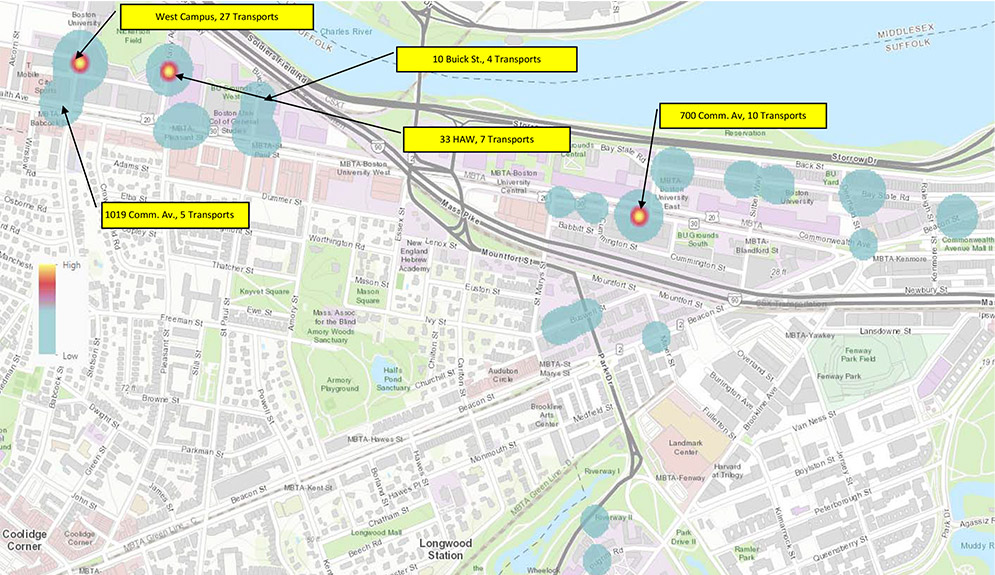 Heat map showing locations of alcohol transport incidents on the Boston University Charles River Campus during the 2018 fall semester