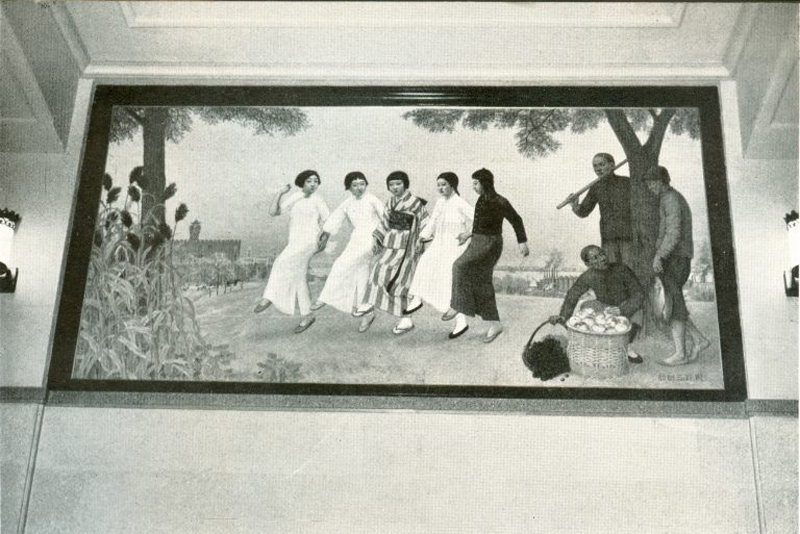 image of five young girls, one Manchu, one Mongol, one Chinese, one Korean, and one Japanese, dancing together