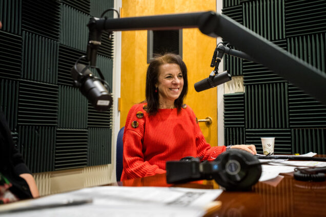 Nutrition professor Joan Salge Blake in the studio recording a podcast