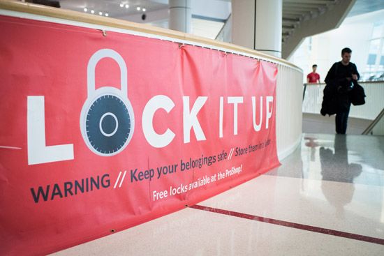 A banner encourages FitRec members to lock up their belongings