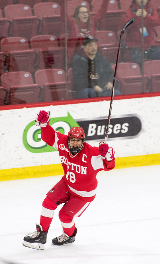 BU's Reagan Rust celebrates after scoring the winning goal in sudden-death