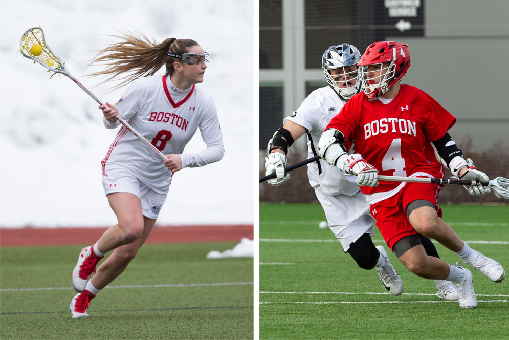two images of a BU women's lacrosse player and a BU men's lacrosse player side by side