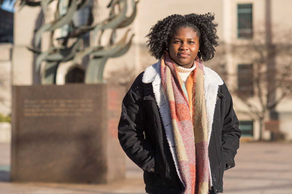 Hafzat Akanni, a junior majoring in international relations, says her commitment to social justice deepened after a high school trip to the American South, where she saw widespread rural poverty for the first time. Photo by Cydney Scott