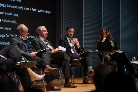 John Rosenthal, Chair, Stop Handgun Violence, from left, Robert A. DeLeo, Speaker of MA House, Professor Sandro Galea, SPH Dean, and Deborah Becker, panel host and WBUR reporter at the panel discussion about gun control in Massachusetts March 11, 2019 at CitySpace.