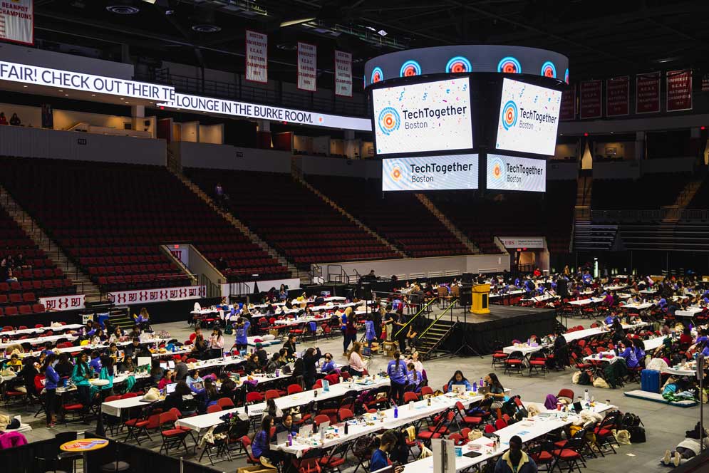 participants in TechTogether Boston gather in the Agganis Arena