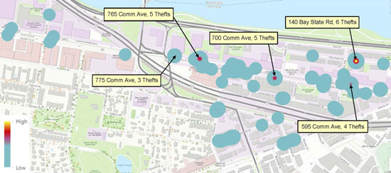 map with labels showing locations of most frequent bike thefts