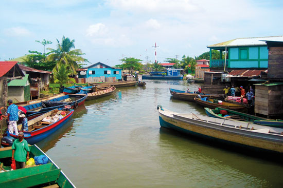 canal lined with boats and houses